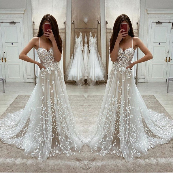 Amazing Tulle Ruffles Wedding Dress Lace Bridal Gowns Spaghetti