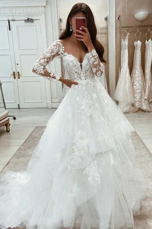 Chic Lace Wedding Dress A-Line V-Neck Bridal Gown Spaghetti-Straps –  ballbellauk