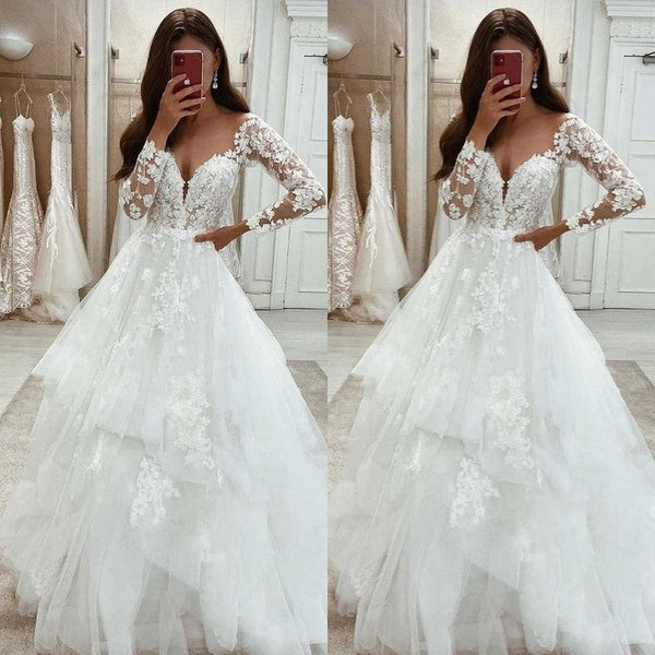 Chic Lace Wedding Dress A-Line V-Neck Bridal Gown Spaghetti-Straps –  ballbellauk