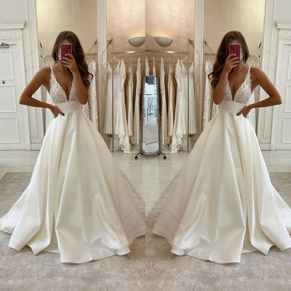 Chic Lace Wedding Dress A-Line V-Neck Bridal Gown Spaghetti-Straps –  ballbellauk