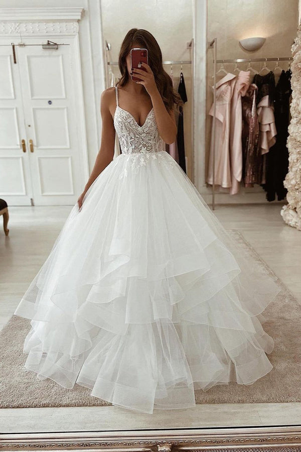 Chic Lace Wedding Dress A-Line V-Neck Bridal Gown Spaghetti-Straps –  ballbellauk