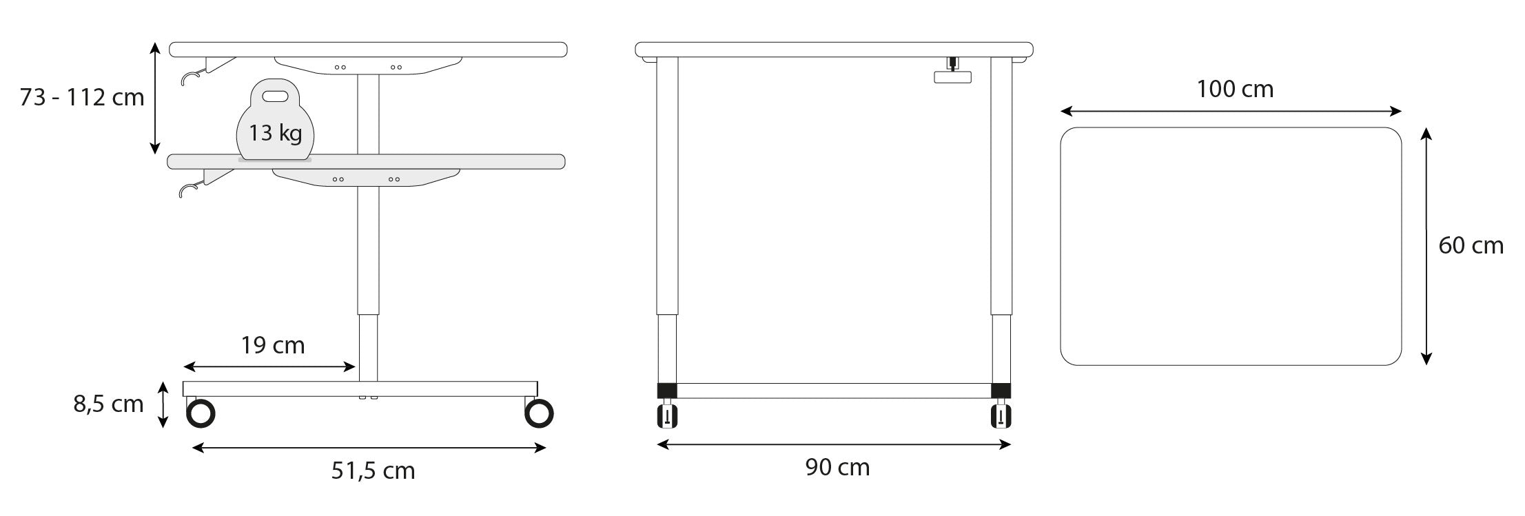 Dimensions du bureau LIGHT 100