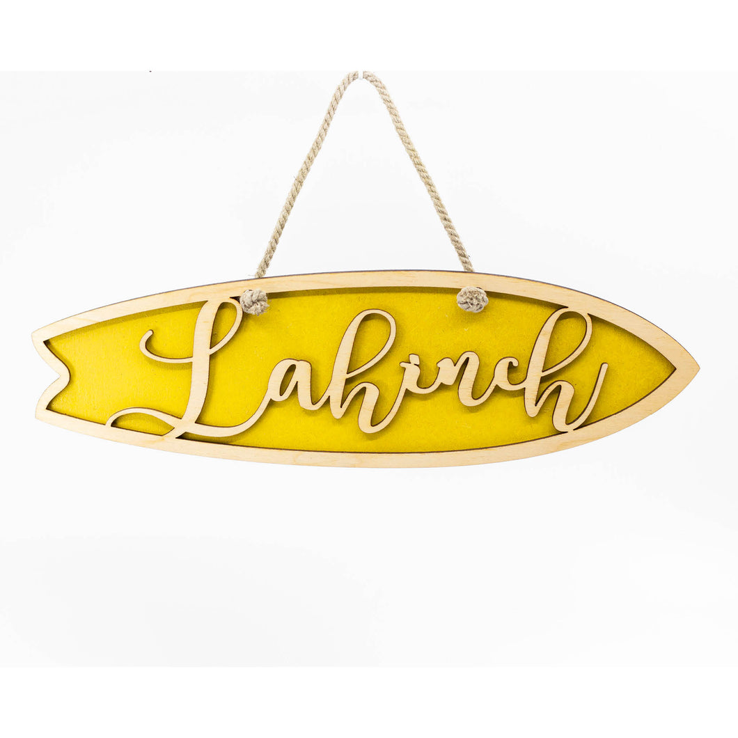 Yellow Personalised Hanging Surfboard Sign