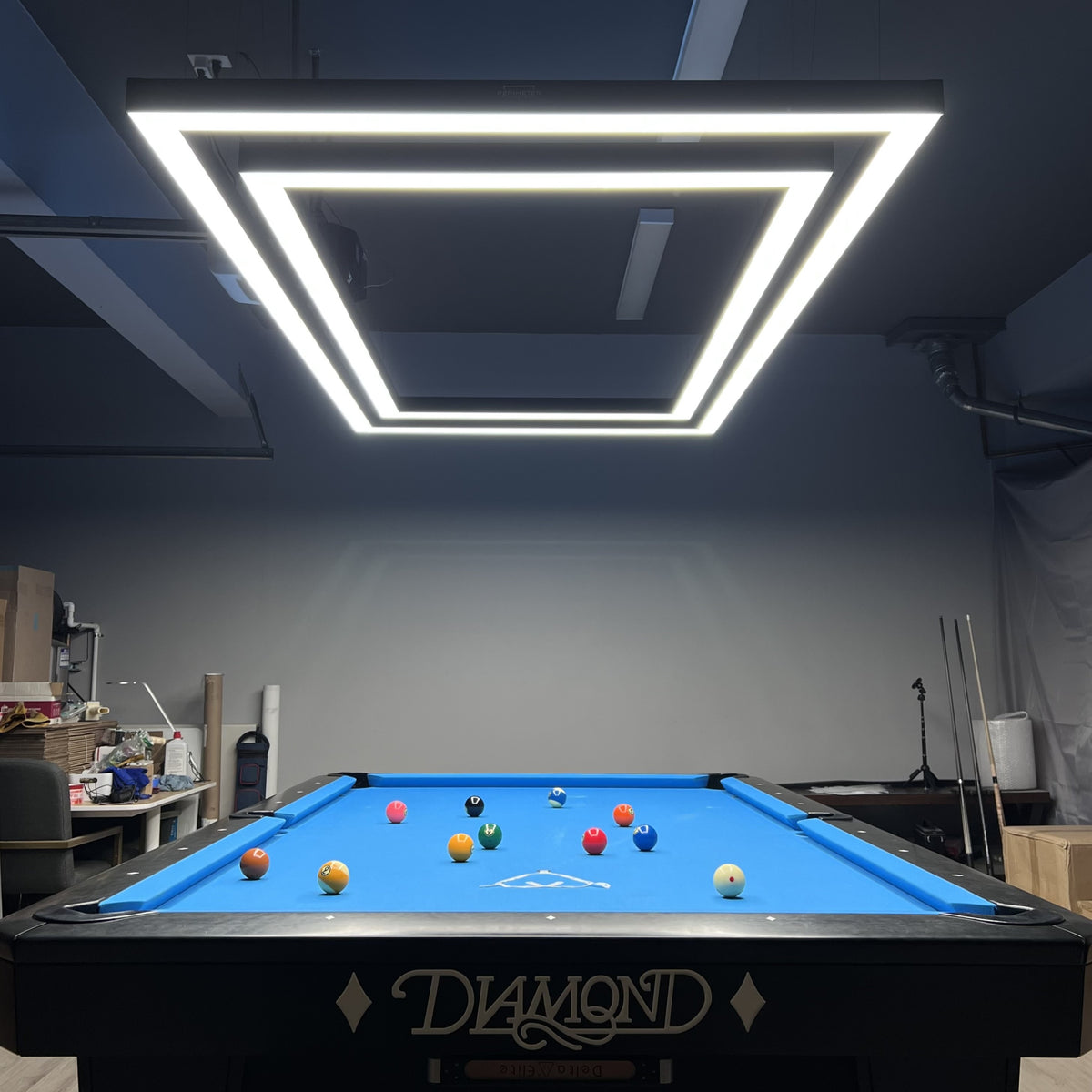 Perimeter Billiard light nd diamond pool table setup in garage