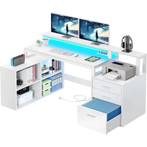 L Shaped Desk with Power Outlets LED Lights - MLH warehouse
