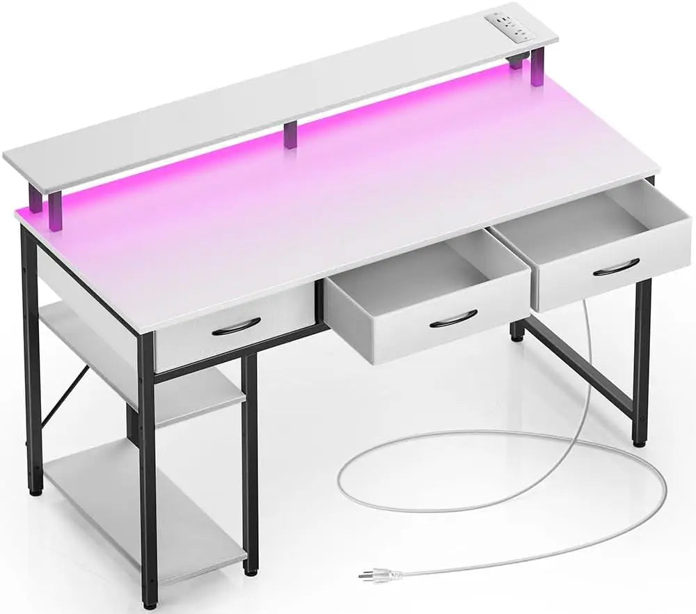 Computer Desk with Power Outlets & LED Light