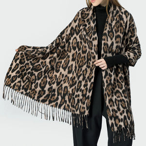 Women's Leopard Scarf Winter Warm Pashmina Shawl Cashmere Wraps Fringes Scarves - Ikervo