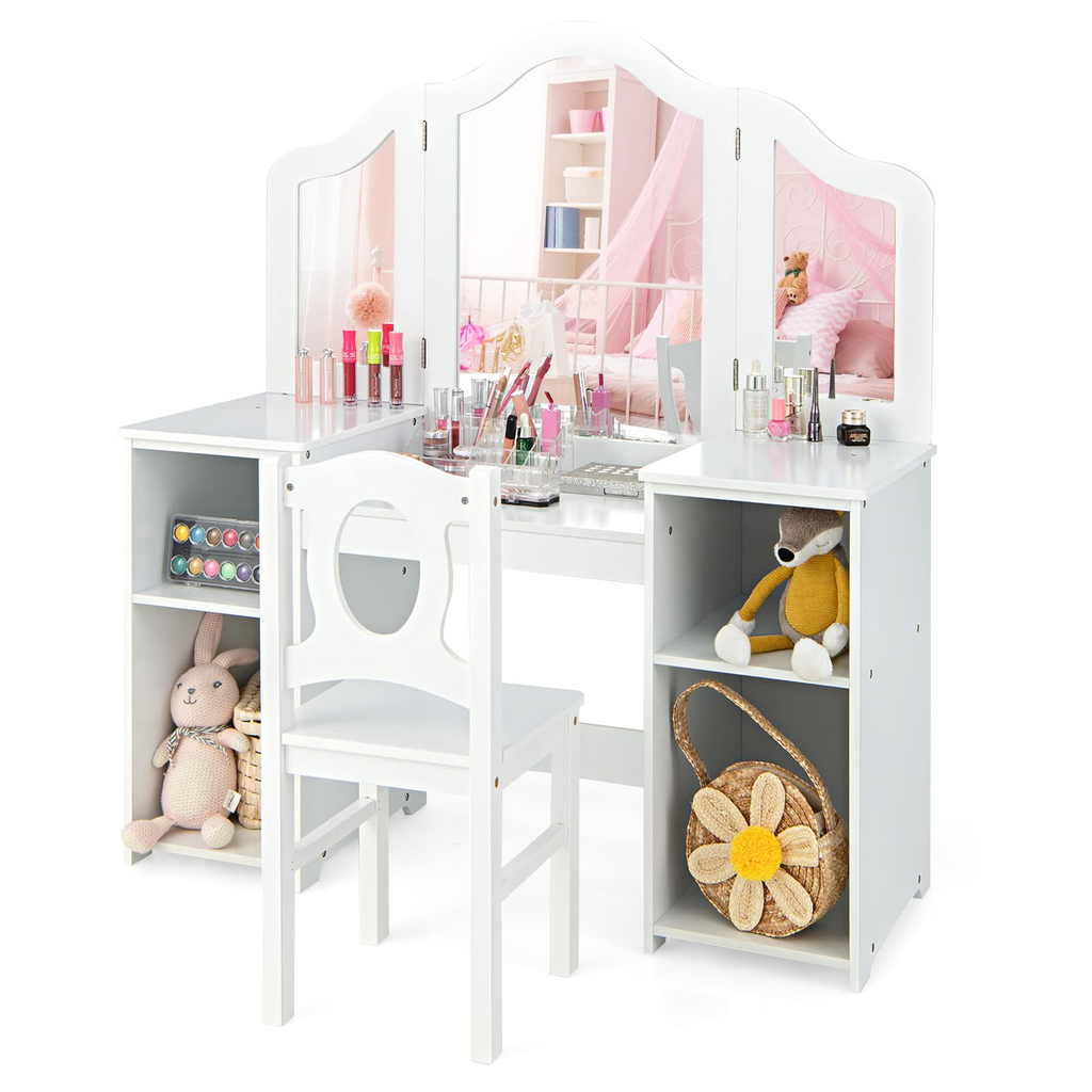 INFANS Kids Vanity with 360° Rotating Mirror and Drawing Board, 2 in 1 Princess Makeup Dressing Table and Stool with Accessories