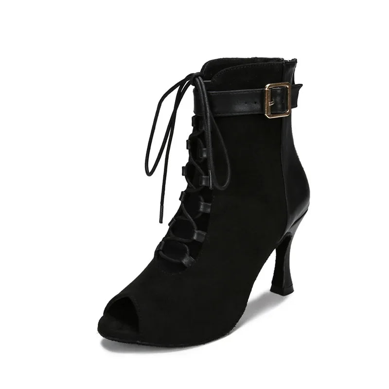 Black Hollow Latin Dance Shoes High Heels Soft Sole Lace Up Indoor Dancing Boots Modern Jazz Big Size Dance Shoes for Women