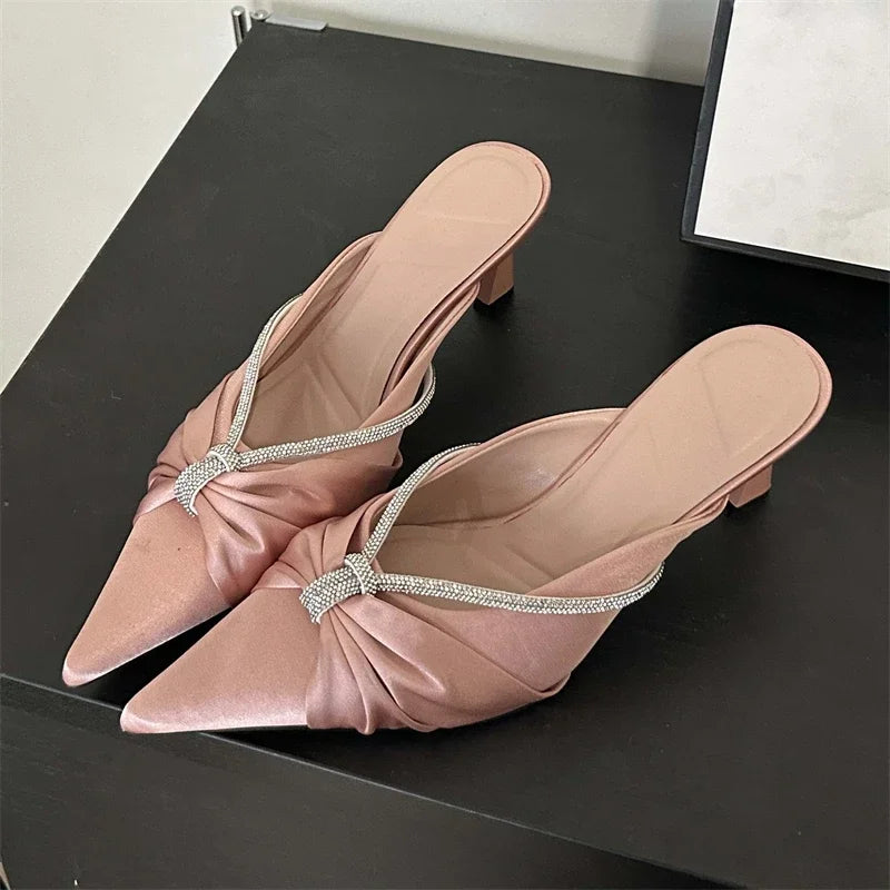 binfenxie  -  Fashion Crystal Diamond  Pointed Toe  Slippers Women Thin Heels Shoes Shallow Party Dress Slide Mule Pumps