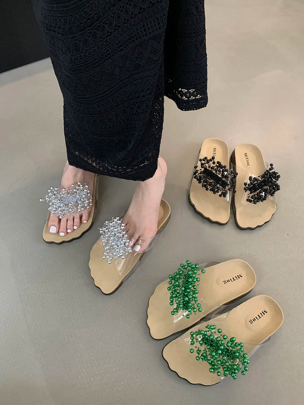 binfenxie  -  Fashion Women Slippers Summer Outside Mules Shoes Flat Low Heeled Black Green Silver Party Pumps Dress Sandals Transparent Slide
