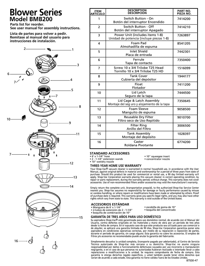 Shop-Vac Parts List for BMB200 Models (6 Gallon* Green / Black Blower ...