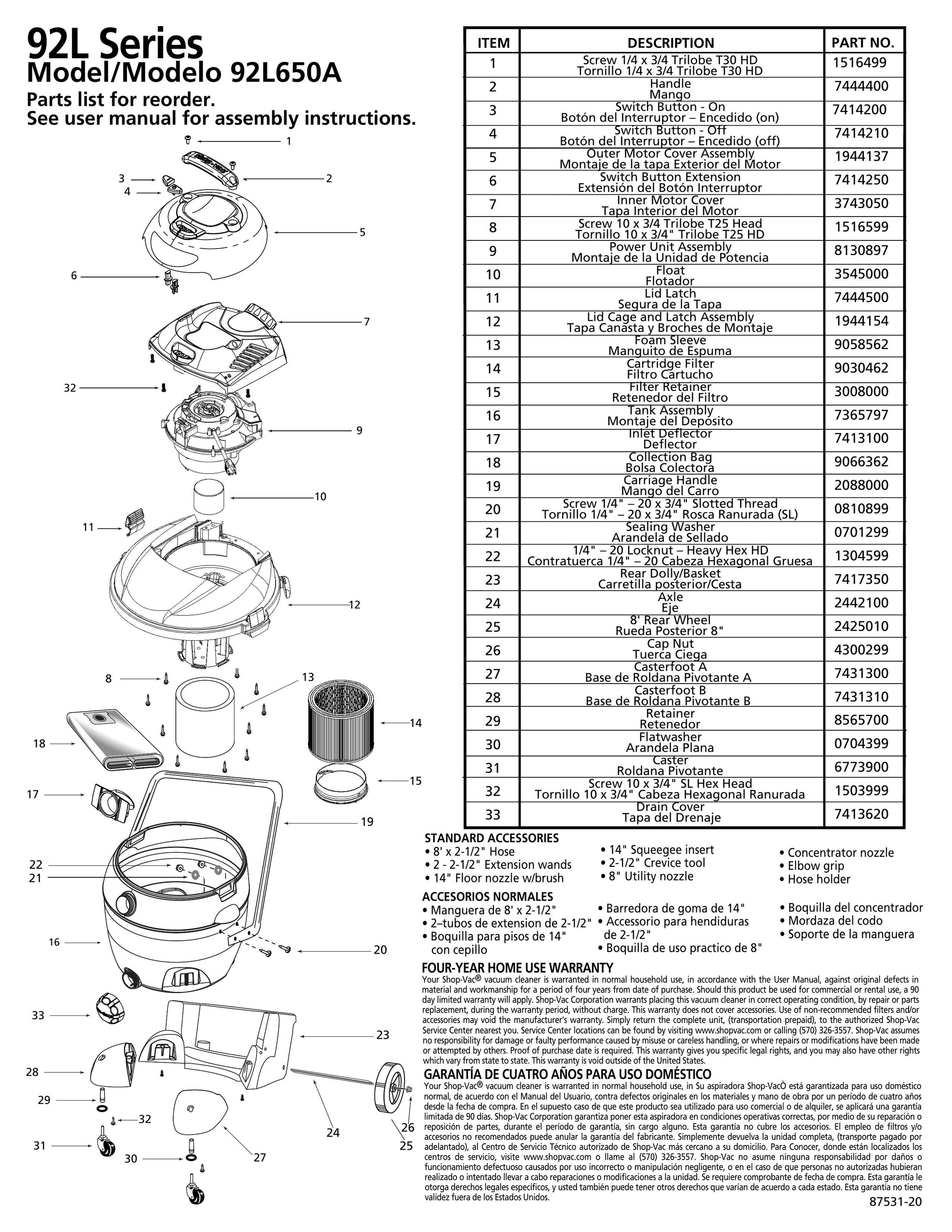 Shop-Vac Parts List for 92L650A Models (18 Gallon* Yellow / Black Vac ...