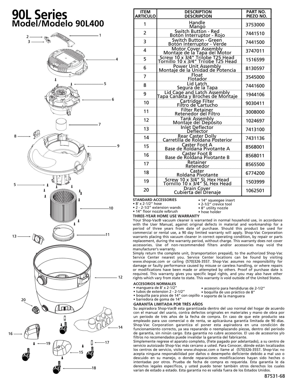 Shop-Vac Parts List for 90L400 Models (10 Gallon* Blue / Gray Vac w/ R ...