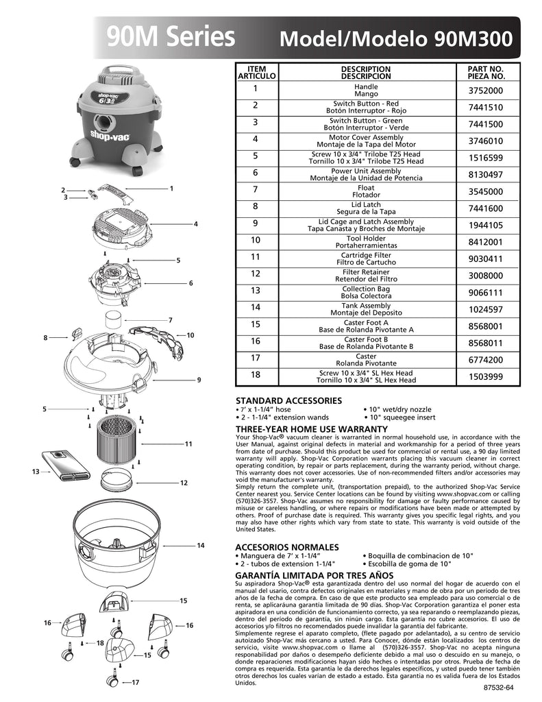 Shop-Vac Parts List for 90M300 Models (6 Gallon* Blue / Gray Vac w/ Fe ...