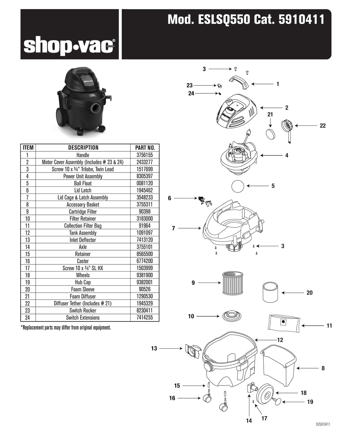 ShopVac Parts List for ESLSQ550 Models (4 Gallon* 5.5 Peak HP** Wet/D