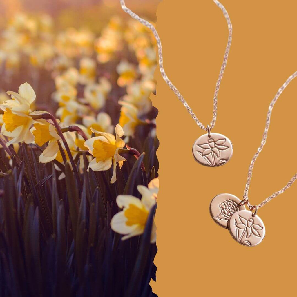 Daffodil March Birthday Birth Flower Necklaces in Gold by Runaway Rosy