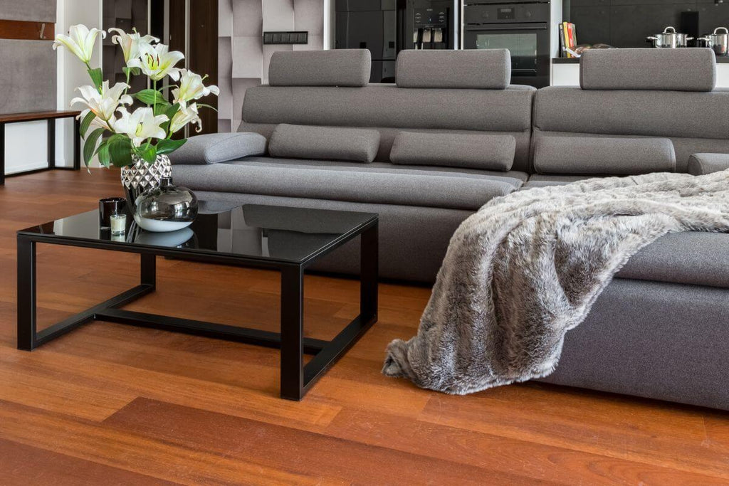 Gray sofa and black coffee table  