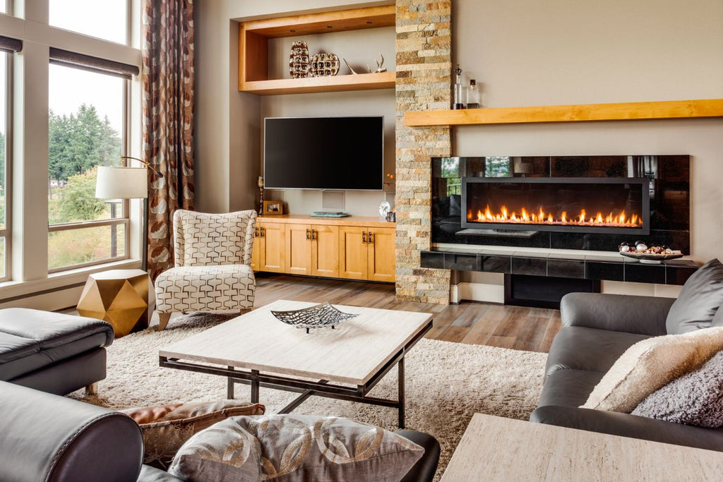 Cream modern fireplace and tv wall ideas for living room