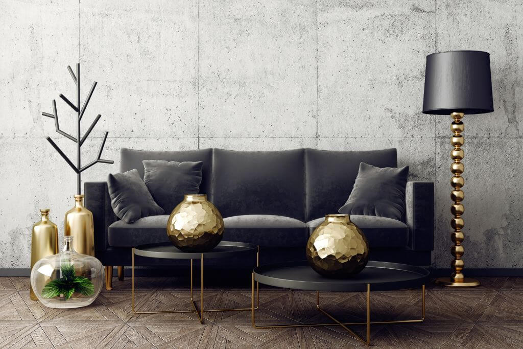 Living room in black and gold colors