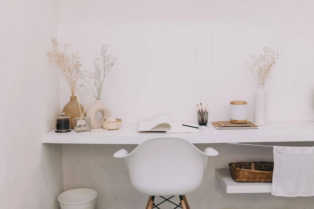 Minimal home office in white colors