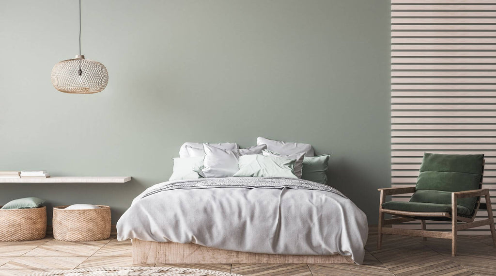 Bedroom with Decorative Baskets and Accent Wall