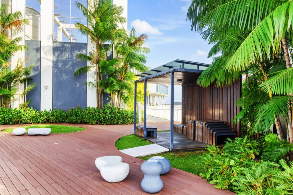 Beautiful garden with wooden sitting area