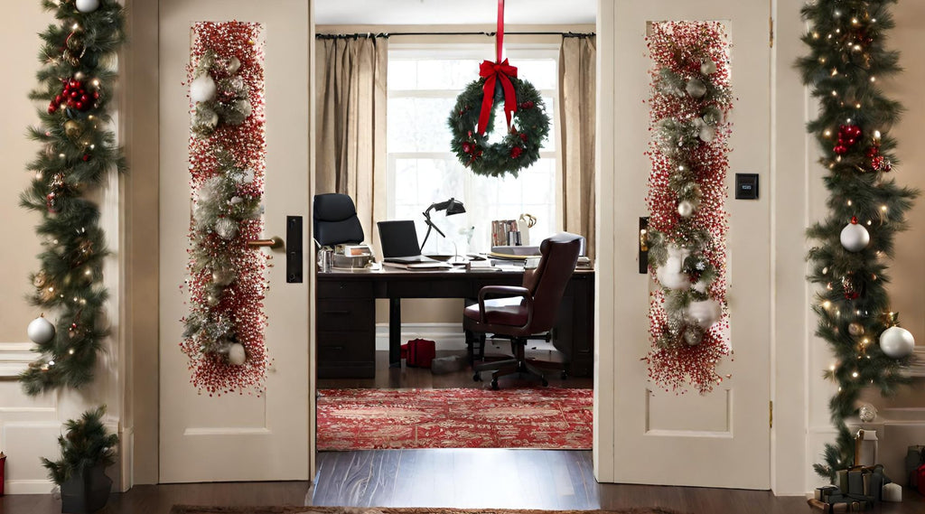 Office door decorated for Christmas