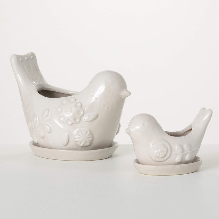 Raised Floral Bird Ceramic Indoor Planters
