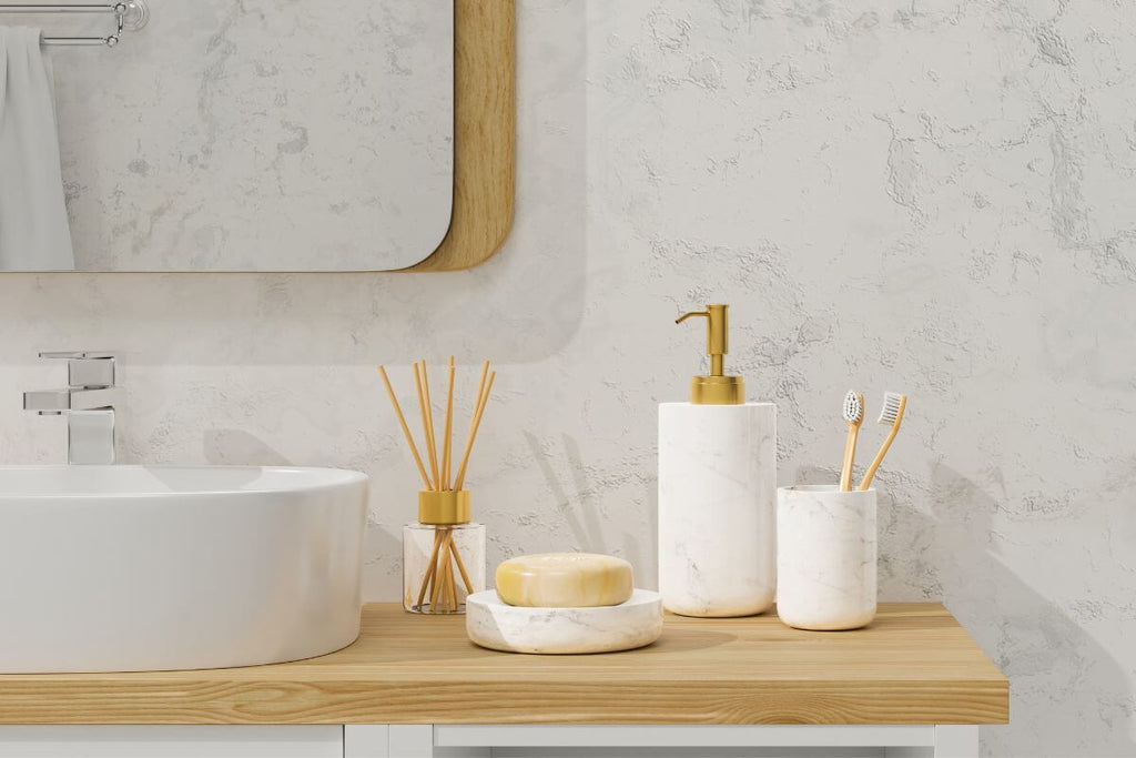 Bathroom marble soap dispenser and dish for soap