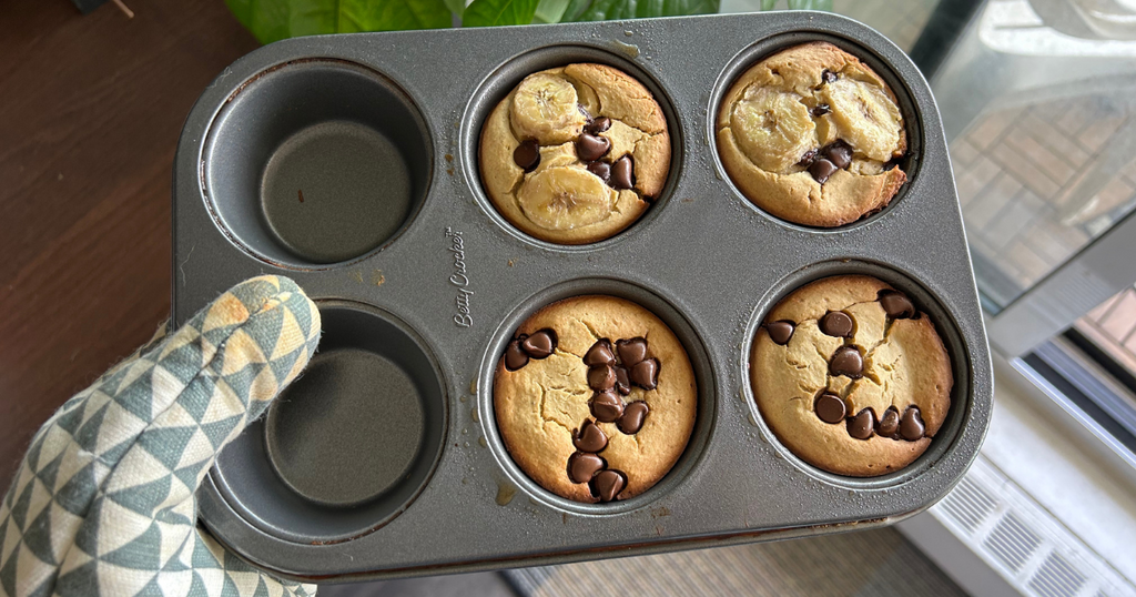 Chocolate chips muffins in a muffin tray