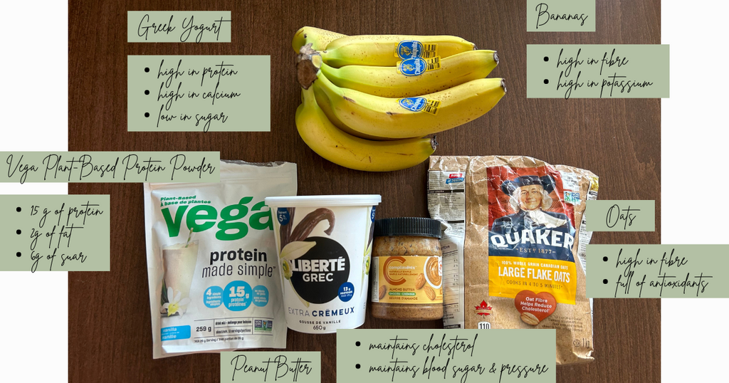 Bananas, protein powder, greek yogurt, peanut butter, and oats