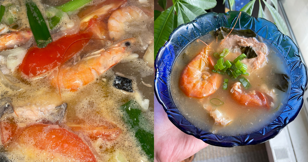 Sinigang (Filipino sour soup) with shrimp and salmon