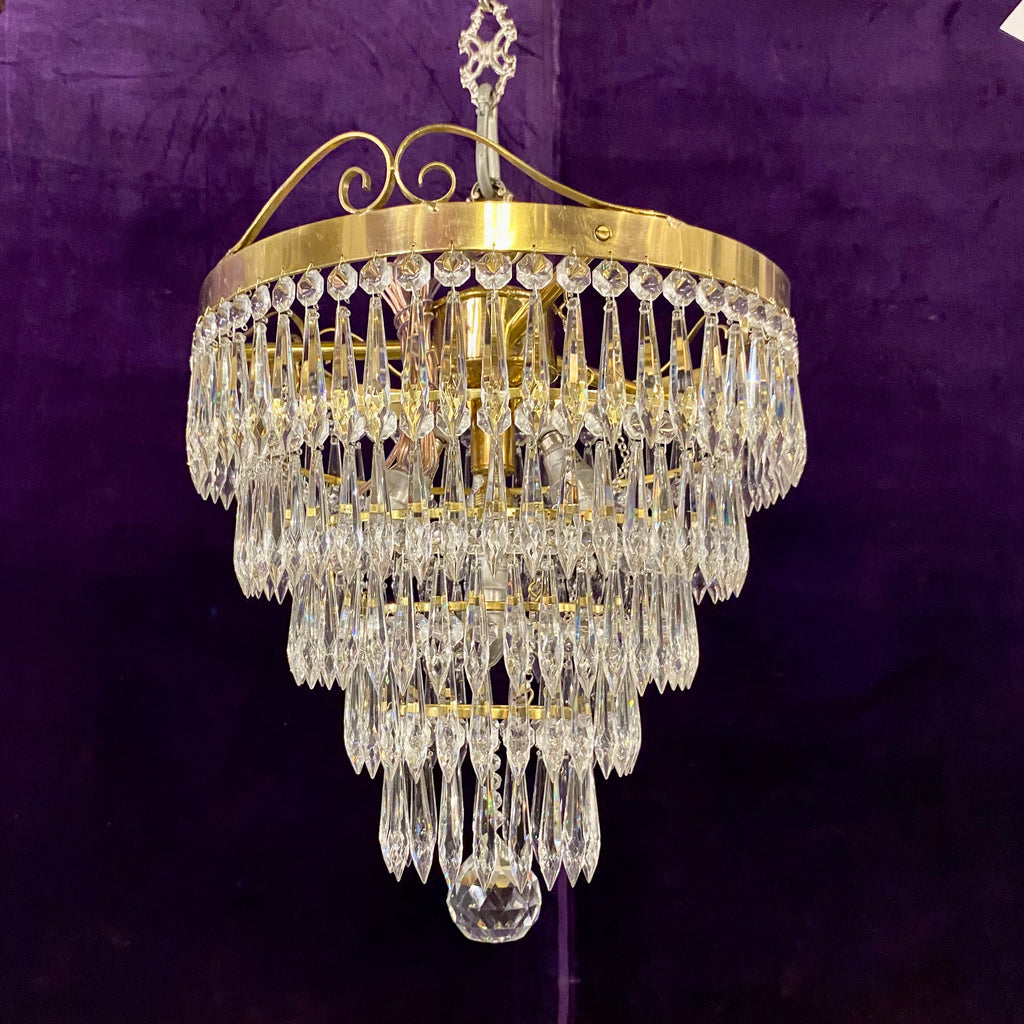 Polished Brass & Crystal Waterfall Chandelier – Delos Antiques