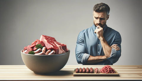 Man standing next to an array of meats and looking puzzled.