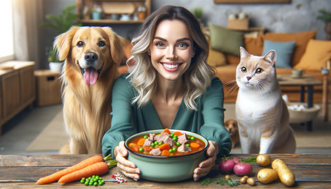 Woman confidently offering her dog and cat a healthy meal of meat and vegetables