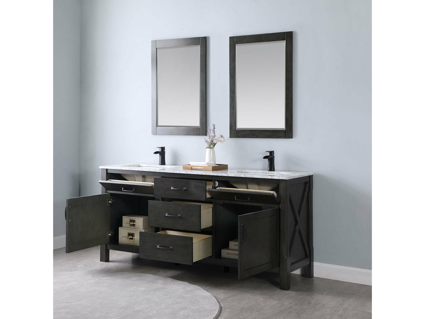 Altair Design Maribella 72" Double Bathroom Vanity Set in Rust Black With Carrara White Marble Countertop with Mirror