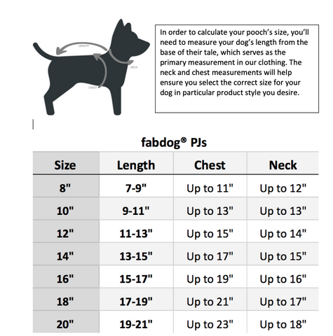 In order to calculate your pooch's size, you'll need to measure your dog's length from the base of the neck to the base of their tail, which serves as the primary measurement in our clothing. The neck & chest measurements, as well as the breed guide provided in the above sizing chart, will help ensure you select the correct size for your dog in the particular product style you desire.  