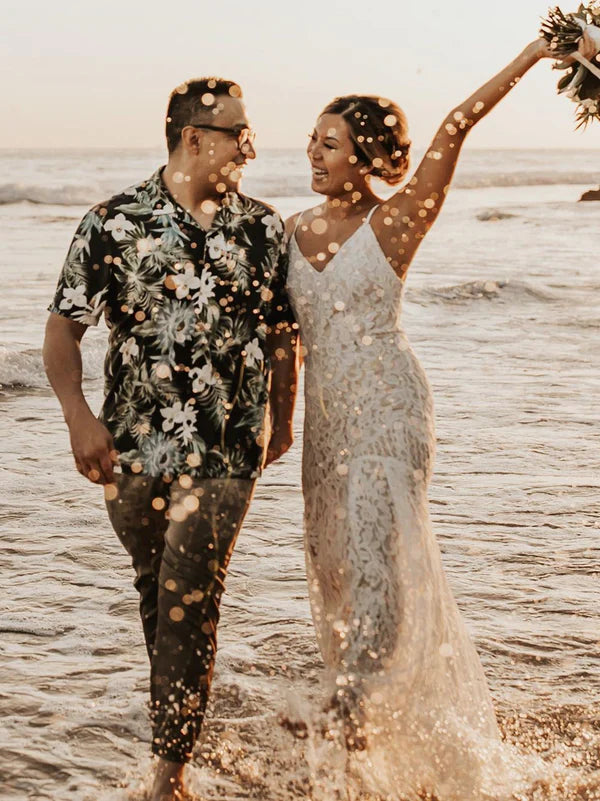 Luolandi Simple Illusion Lace Spaghetti Straps V-Neck Floor Length Sheath Wedding Dress Beautiful