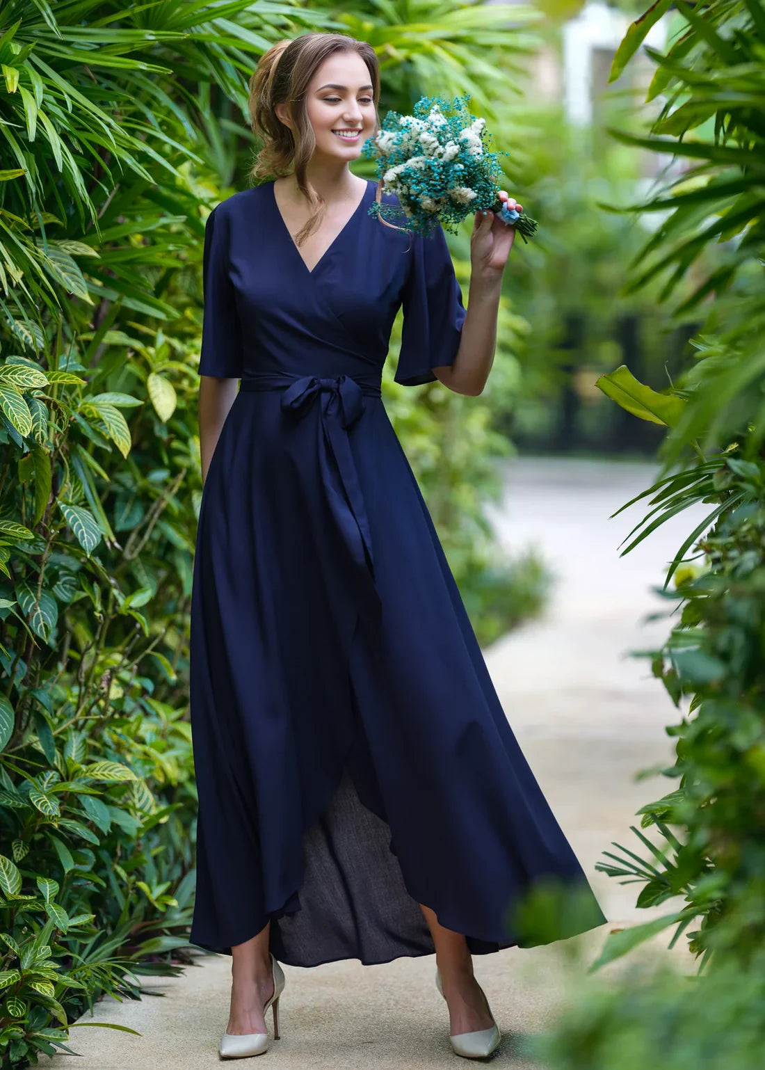 Luolandi Navy Blue Chiffon Bridesmaid Dress Wedding Guest Dress Chiffon Long Wrap Dress Party Dress