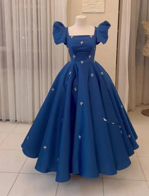 Luolandi Navy Blue Square Ball Gown Party Dress Satin Formal Evening Dress Short Sleeves Prom Dress - LUOLANDI DRESS