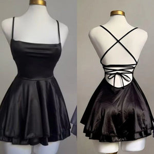 Luolandi Black A-Line Satin Backless Simple Short Homecoming Dress Party Dress Formal Dress - LUOLANDI DRESS
