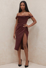 Load image into Gallery viewer, House CB &#39;Rhoda&#39; Raisin Off Shoulder Corset Dress
