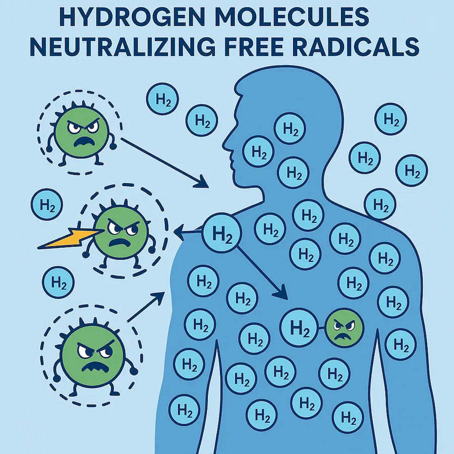 Infografikk som viser hydrogenmolekyler nøytralisere frie radikaler (tegnet som “fiender”) i kroppen