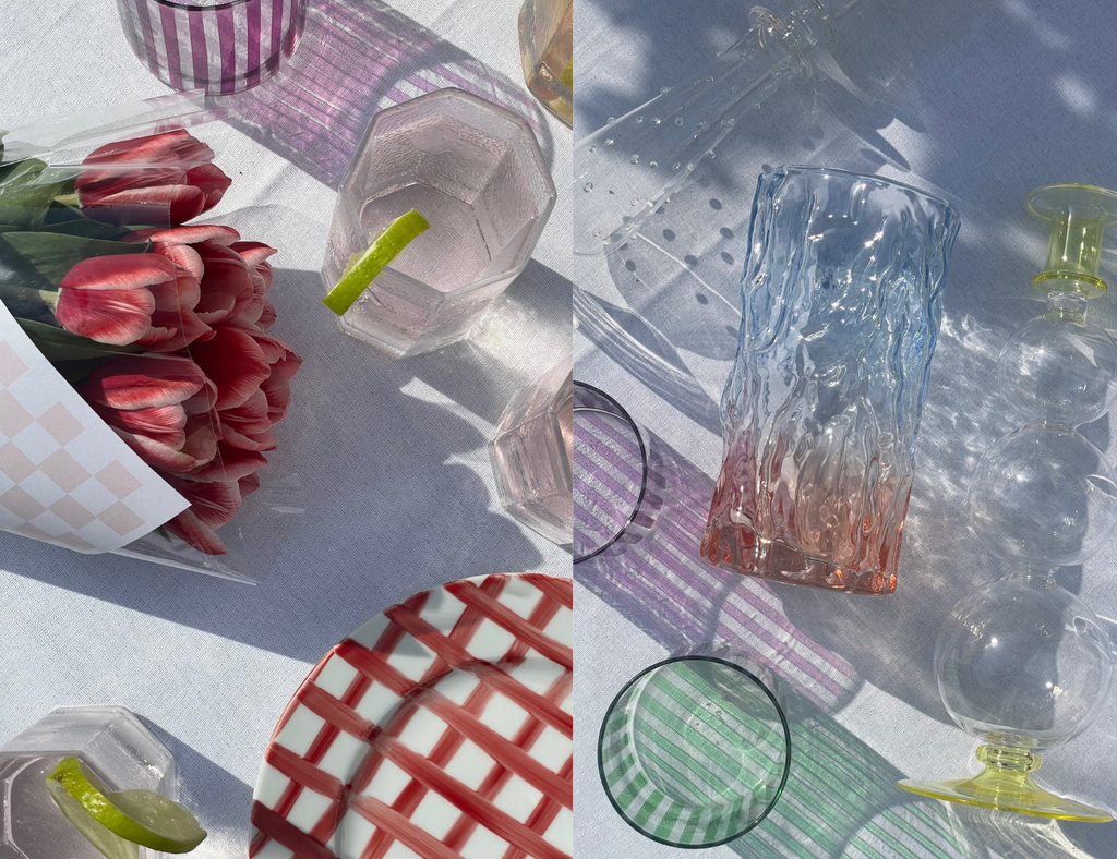 summer tablescape gingham plates coloured glass