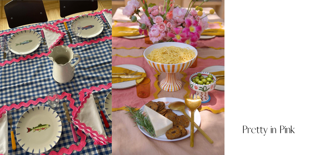 summer table set up pink linen flowers