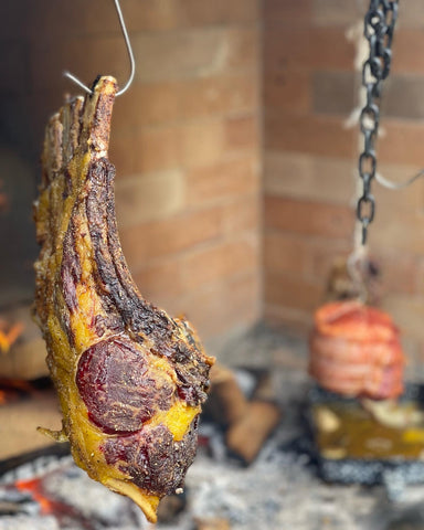 Hanging prime rib roast and rolled shoulder.