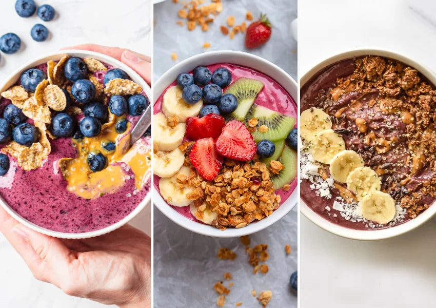 acai bowls with sliced fruits, nuts, and berries