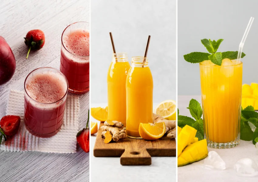 collage of strawberry apple juice, ginger orange juice, green mango juice