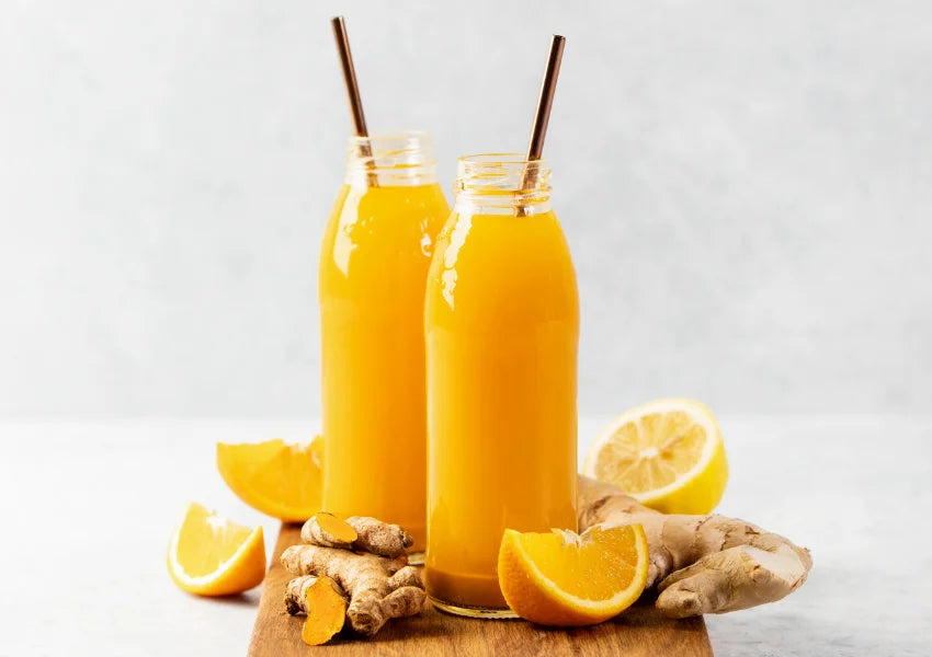 ginger and orange juice on wooden tray